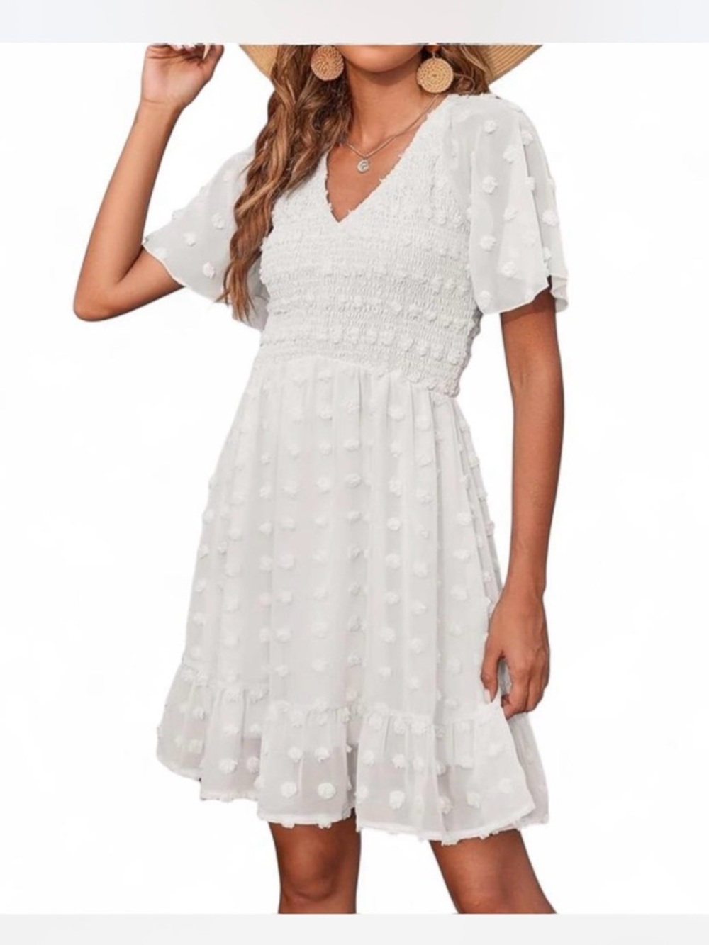 White Textured Smocked Mini Dress with Flutter Sleeves
